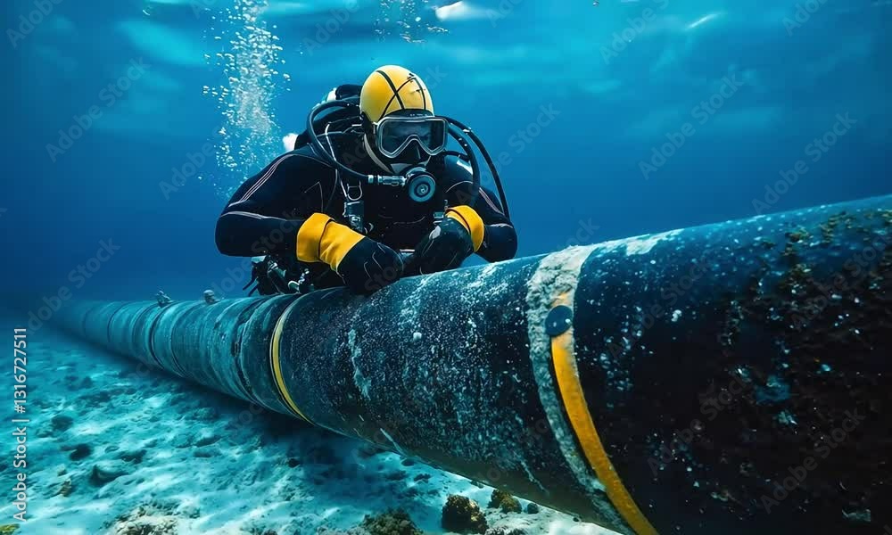 Expert Diver Conducting Underwater Inspection and Repair on a Submarine Fiber-Optic Cable, Safeguarding Global Communication Networks in the Deep Blue Ocean