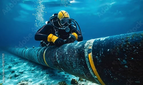 Expert Diver Conducting Underwater Inspection and Repair on a Submarine Fiber-Optic Cable, Safeguarding Global Communication Networks in the Deep Blue Ocean