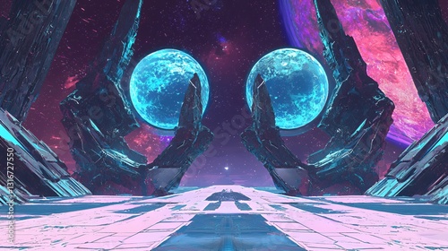 Glowing Blue Planets in a Purple Cosmic Landscape