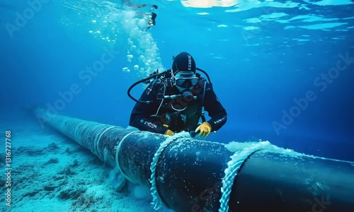 Skilled Diver Conducting Underwater Inspection and Repair of a Submarine Fiber-Optic Cable, Ensuring Global Communication Network Integrity in the Deep Blue Ocean