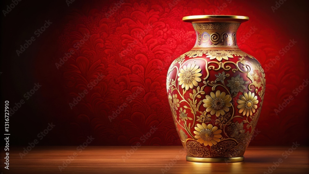 Intricately designed Chinese-style vase with golden floral motifs against a rich red and gold background, showcasing an ornate and elegant aesthetic , luxury item, gold flowers Intricately designed Chinese-style vase with golden floral motifs against a rich red and gold background, showcasing an ornate and elegant aesthetic , luxury item, gold flowers