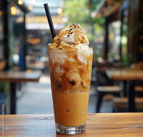 Unique Iced Coffee Creation Topped With Ice Cream and a Cone in a Cozy Caf En...