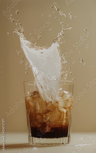 Splash of Ice in a Drink Glass Creating Liquid Droplets in Warm Lighting