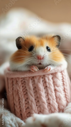 Cute Hamster Resting in a Pink Knitted Cup on a Cozy Blanket During Afternoon...