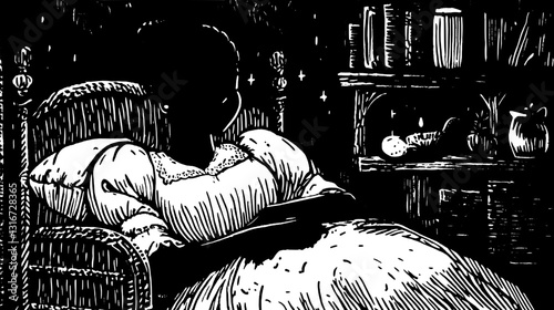 Silent moments of reflection in a dimly lit room with a serene figure in elegant attire seated