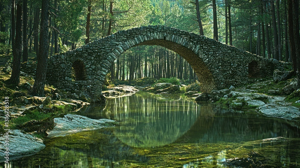 Fototapeta premium Enchanted Stone Bridge in a Lush Forest