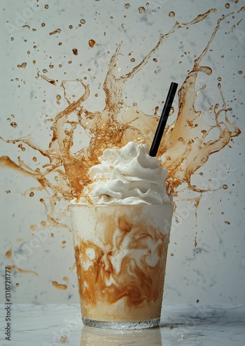 Creamy Dessert Beverage Splashes With Whipped Topping in Refreshing Display