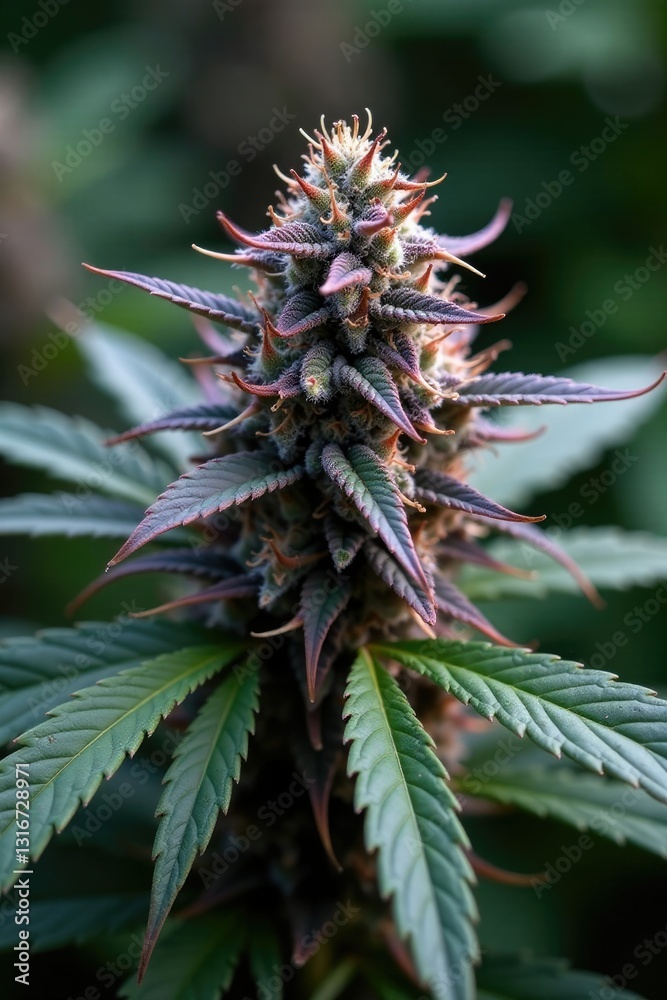 Purple cannabis leaves in a bunch with green stems, earthy, natural Purple cannabis leaves in a bunch with green stems, earthy, natural