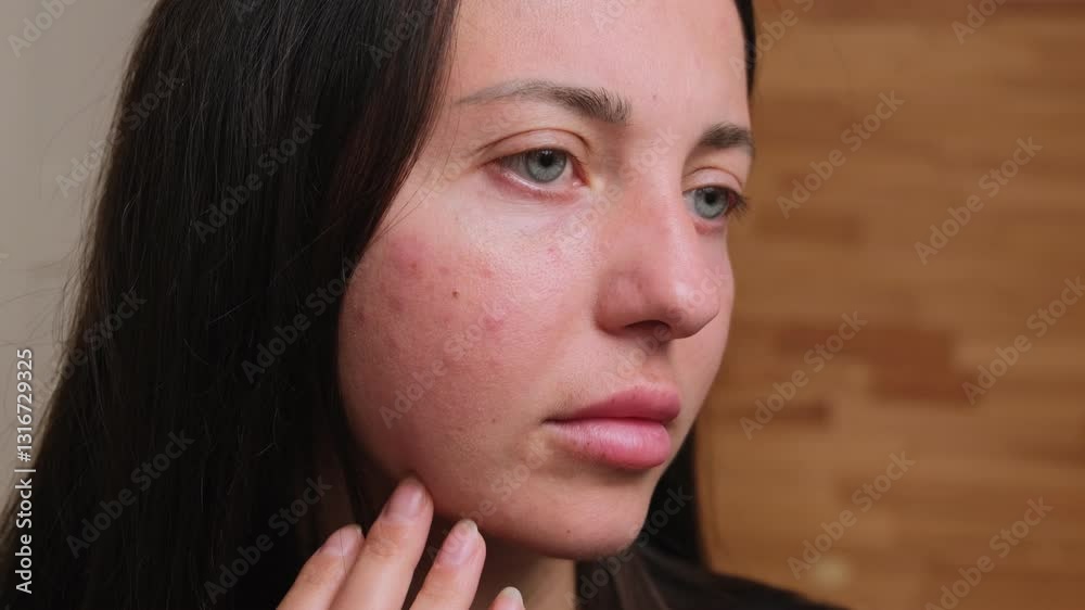 Young woman face with redness on cheeks, close-up. Skin problems, unhealthy skin with acne and pimples. Allergic red rashes. The concept of care for problem skin.
