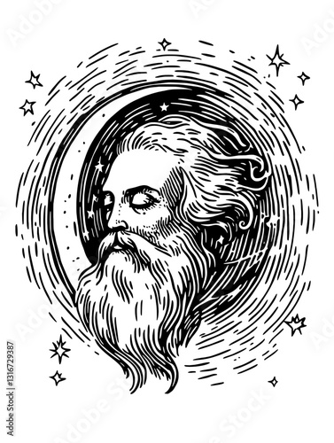 Celestial visage of a bearded deity amidst swirling stars and a crescent moon in a captivating vector style