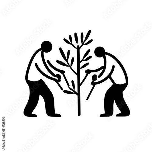Collaborative gardeners nurturing plant life in a minimalistic vector design