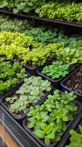 Various Green Plants Arranged in Pots at a Garden Center on a Sunny Day