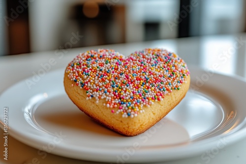 Heart Shaped Dessert With Colorful Sprinkles on a White Plate at a Cozy Cafe ...