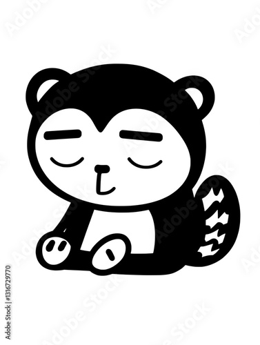 Charming cartoon raccoon character resting peacefully with closed eyes, reflecting calmness and serenity in a playful design