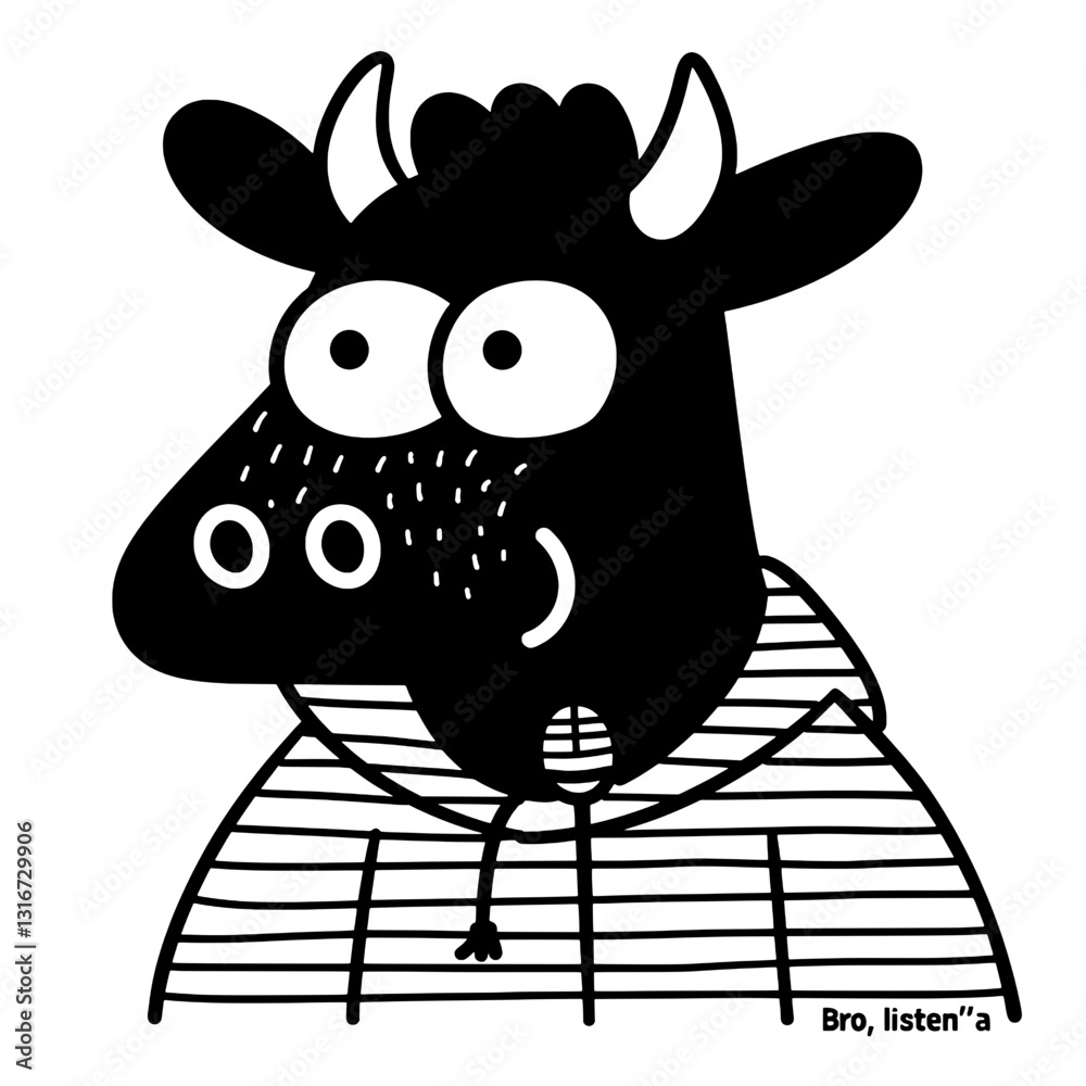 Obraz premium Whimsical cartoon cow character wearing a striped hoodie in a fun, abstract art style