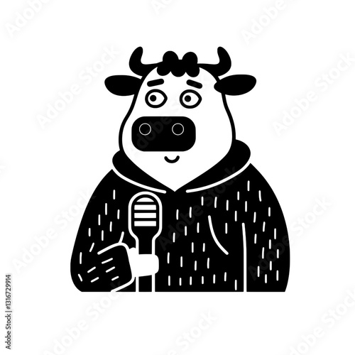Charming cow character in cozy attire holding a microphone ready to perform a stand-up comedy routine