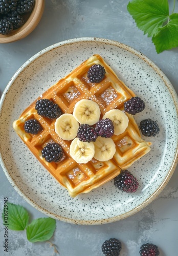 Waffle Topped With Banana Slices and Blackberries on a Plate Decorated With M...