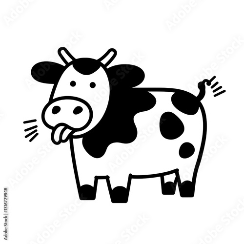 Playful cow illustration featuring a cheerful black and white character with an engaging expression and joyful demeanor