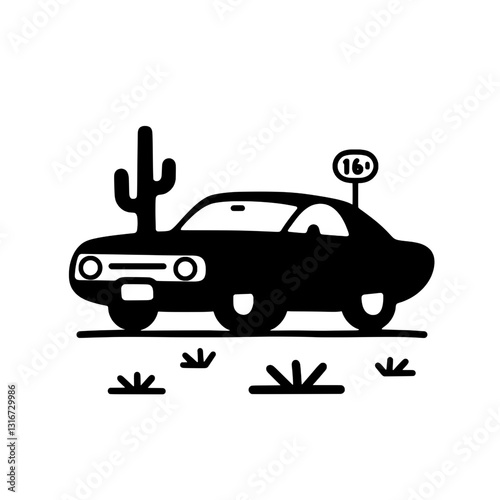 Stylish black silhouette of a classic car parked under a cactus sign on the roadside in a desert landscape