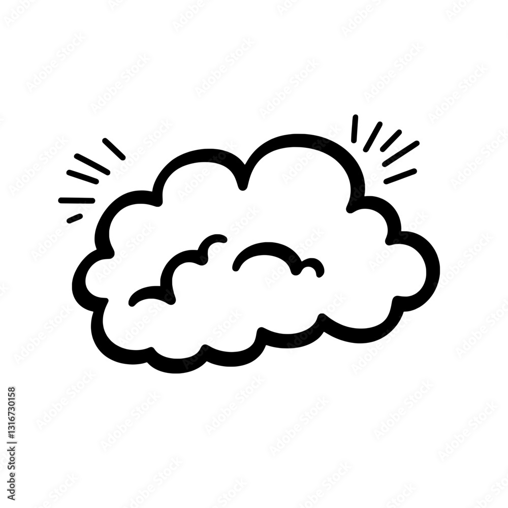 Creative vector design of a whimsical cloud with cheerful rays emanating from it in a minimalist style Creative vector design of a whimsical cloud with cheerful rays emanating from it in a minimalist style
