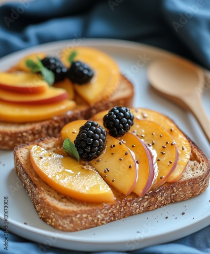 Freshly Prepared Toast Topped With Juicy Peaches and Blackberries on a Rustic...