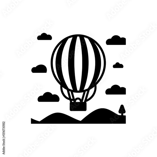 Colorful hot air balloon floating over rolling hills under a partly cloudy sky during a tranquil afternoon adventure