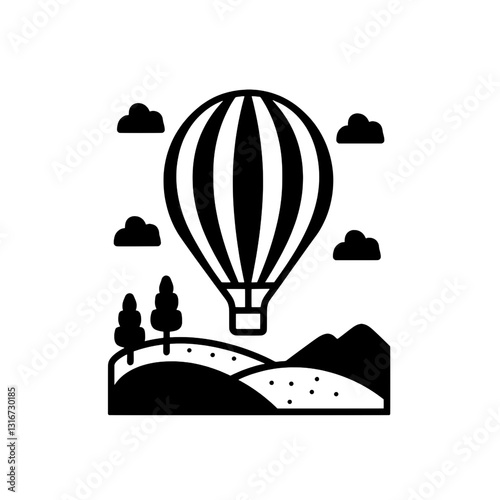 Floating above hills under a cloudy sky with a striped hot air balloon in a playful landscape design