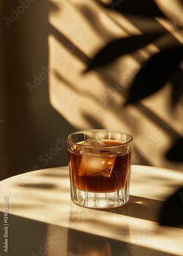 Refreshing Drink in Glass With Ice on a Table Illuminated by Sunlight Through...
