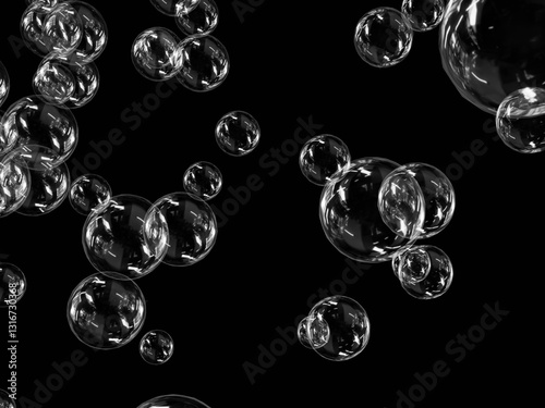 A variety of soap bubbles with reflections on a dark background.