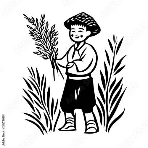 Cheerful farmer harvesting rice with traditional methods in a lush green field under the bright sun