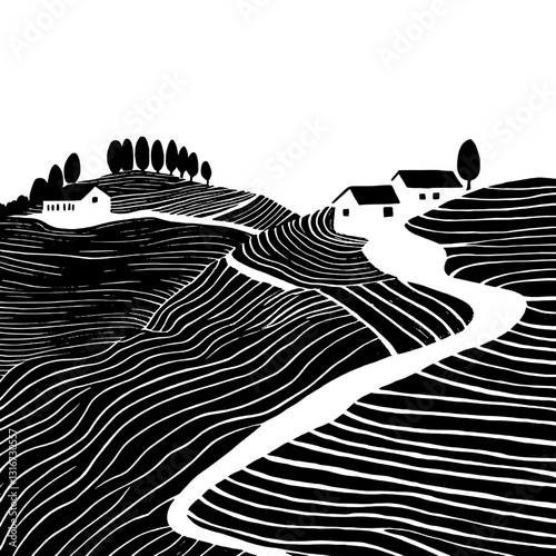 Lush rolling hills dotted with charming houses create a serene countryside landscape in a minimalist black and white vector design