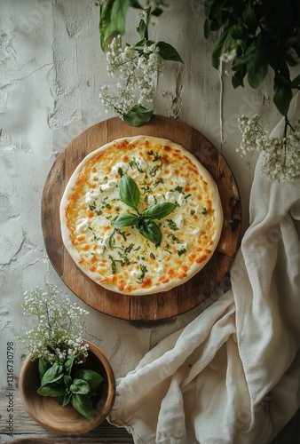 Freshly Baked White Pizza Topped With Basil on a Wooden Serving Board in a Co...