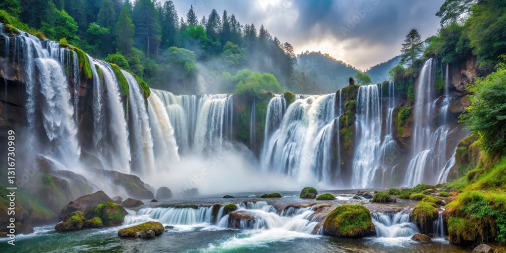 Fototapeta premium Dramatic landscape of Nuorilang Waterfall in Sichuan Province with misty veil surrounding the falls , sichuan province, nuorilang waterfall