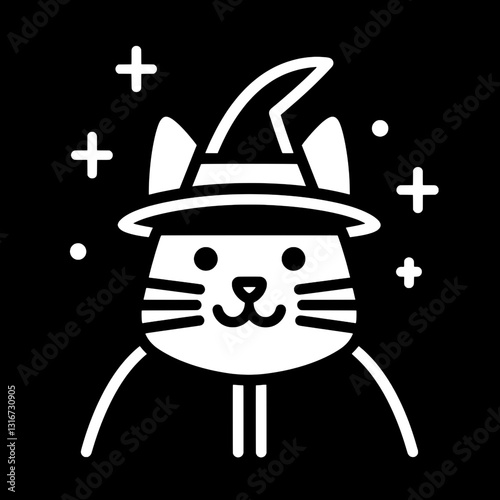 Cute cat wearing a wizard hat casting cheerful magic on a dark night background in a playful vector illustration