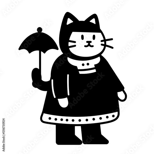 Charming cat character in vintage attire holding an umbrella standing gracefully in a whimsical style