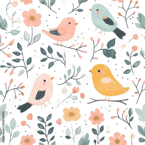 Cute birds and flowers seamless pattern on white background (1)