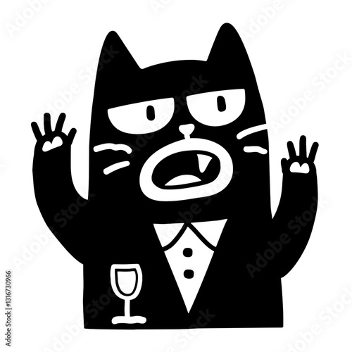 Whimsical black cat in tuxedo raising hands with a glass, embodying a lively celebration or party ambiance