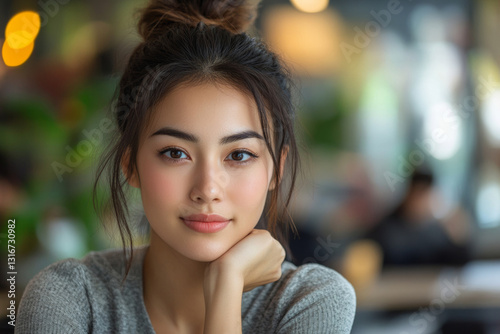 young woman with bun hairstyle, smiling softly