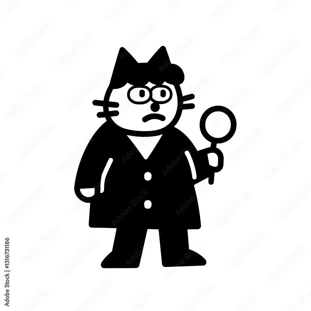 Cartoon detective cat in a black coat holding a magnifying glass while pondering a mystery in a simple vector art style Cartoon detective cat in a black coat holding a magnifying glass while pondering a mystery in a simple vector art style