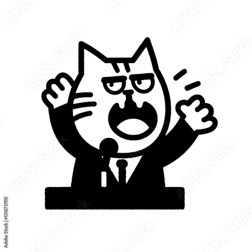 Vector illustration of a charismatic cat politician passionately addressing an enthusiastic crowd with authority and charm