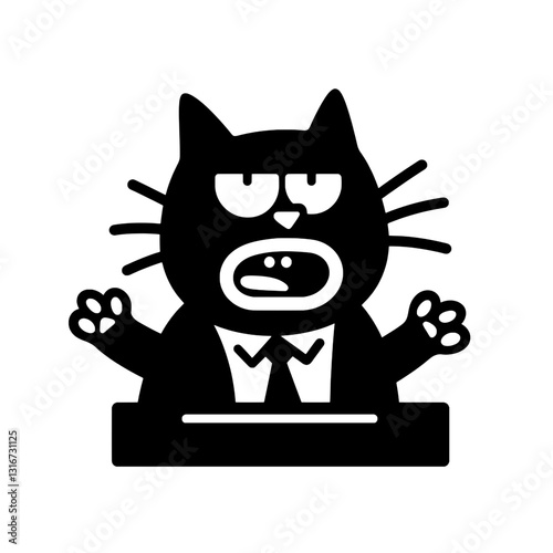 Cat in a suit animatedly gestures at a meeting table expressing curiosity and concern during a lively discussion at a creative workspace