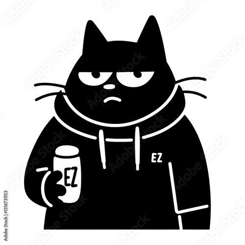 Black cat with a cool expression holding a drink in a stylish hoodie stands confidently in a minimalist design