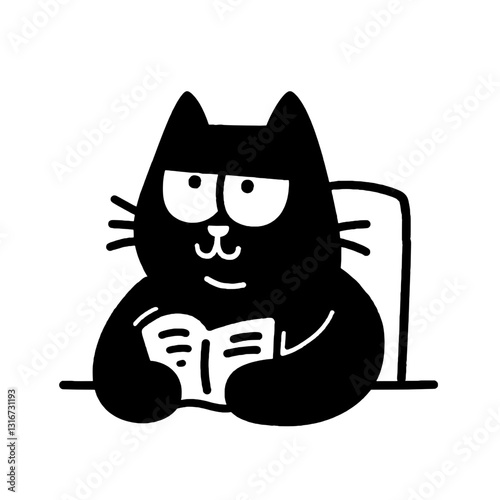 Curious black cat reading a book while sitting at a table in a cozy indoor space
