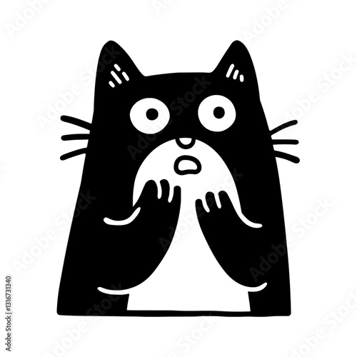 Surprised cat character expressing shock in a playful black and white vector style design