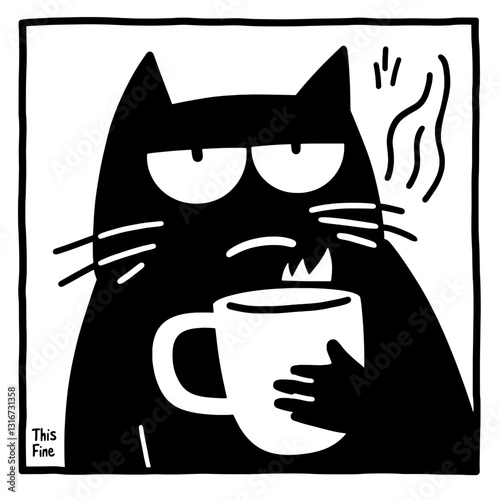 Charming black cat enjoying a warm drink with an amusing expression in a minimalist design