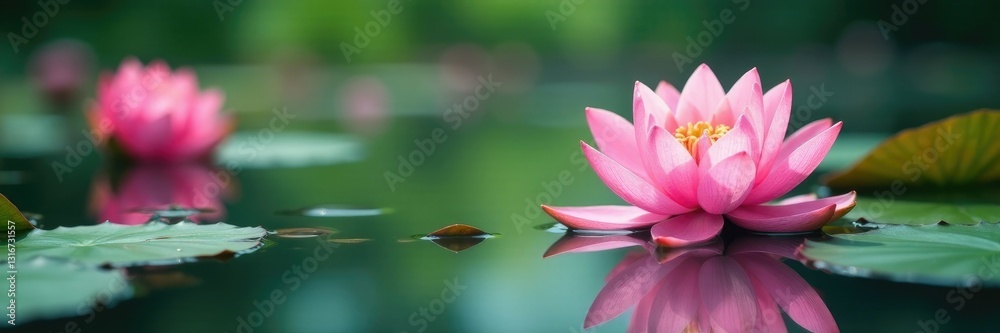 Shallow water scene with blooming pink lotus flowers in full bloom, lotus flowers, clear reflections Shallow water scene with blooming pink lotus flowers in full bloom, lotus flowers, clear reflections