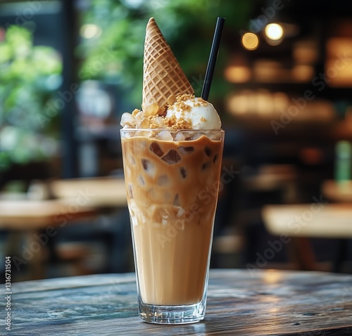 Unique Iced Coffee Creation Topped With Ice Cream and a Cone in a Cozy Caf En...