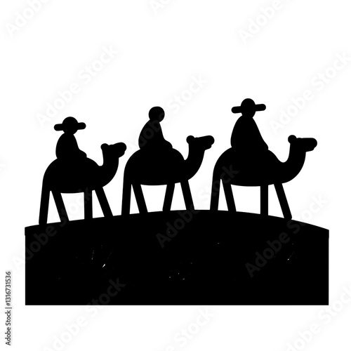 Silhouette of three figures riding camels across a desert landscape at sunset, evoking a sense of adventure and exploration through ancient sands