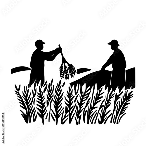 Farmers harvesting crops in a serene landscape during the golden hour of dusk