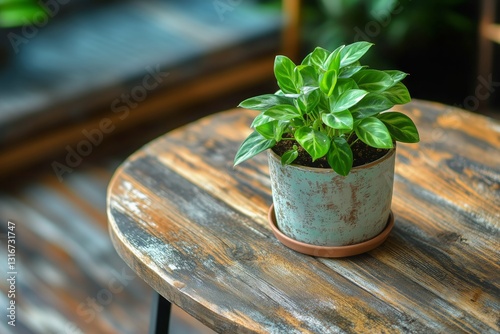 Green Plant in Ceramic Pot on Wooden Table in Cozy Indoor Setting
